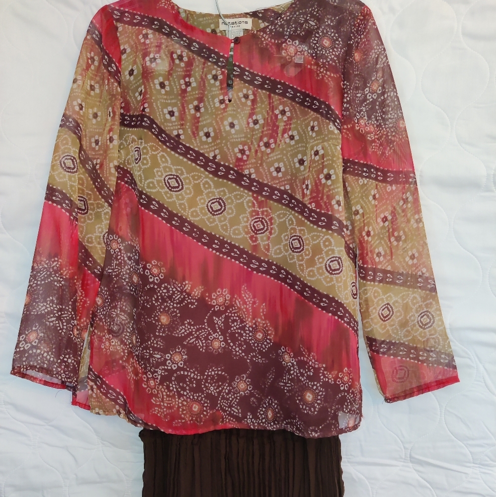 Sheer blouse/brown tank top/ brown skirt